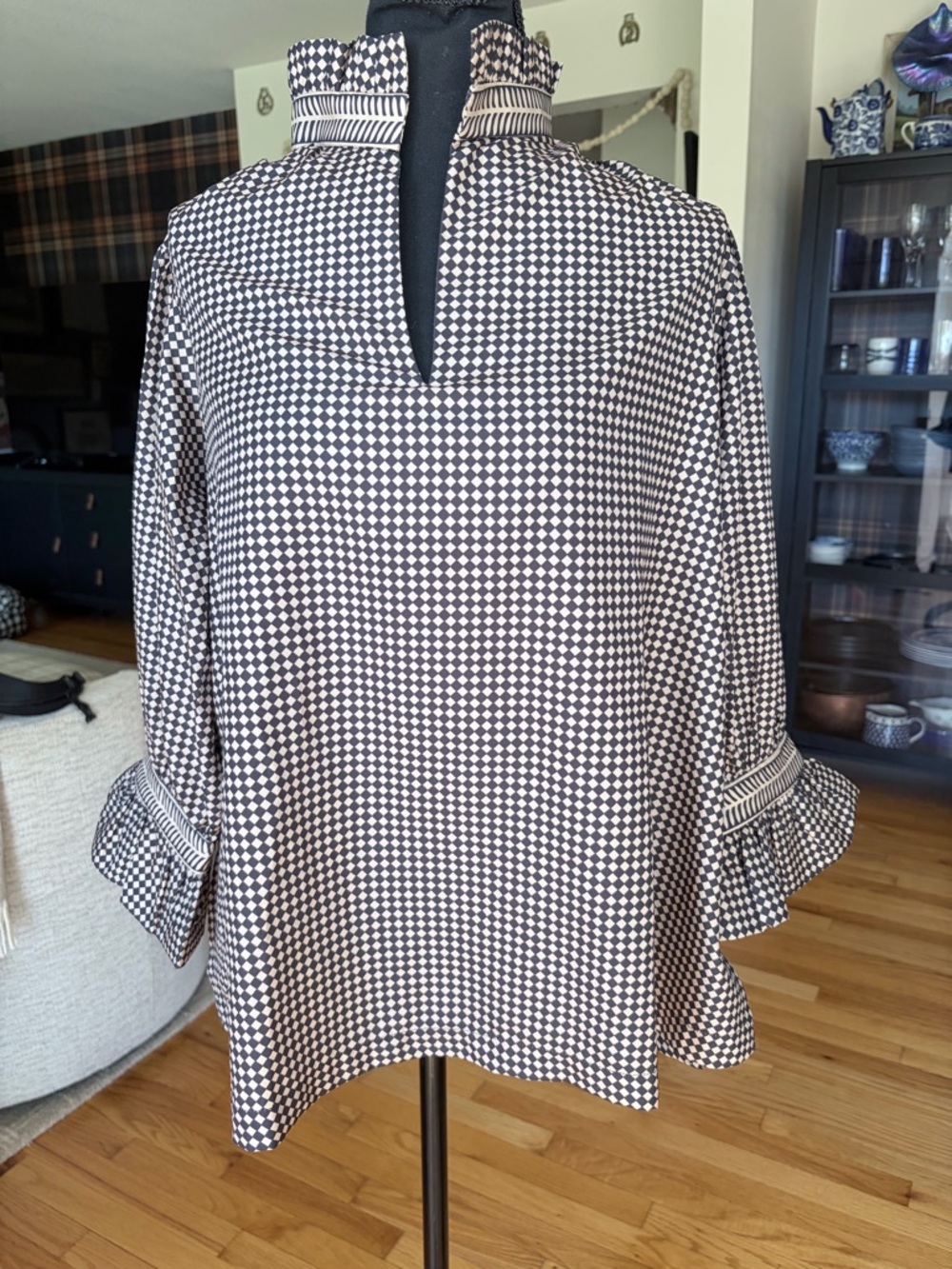 Gretchen Scott Designs Black and Tan Geometric Mock Neck Blouse